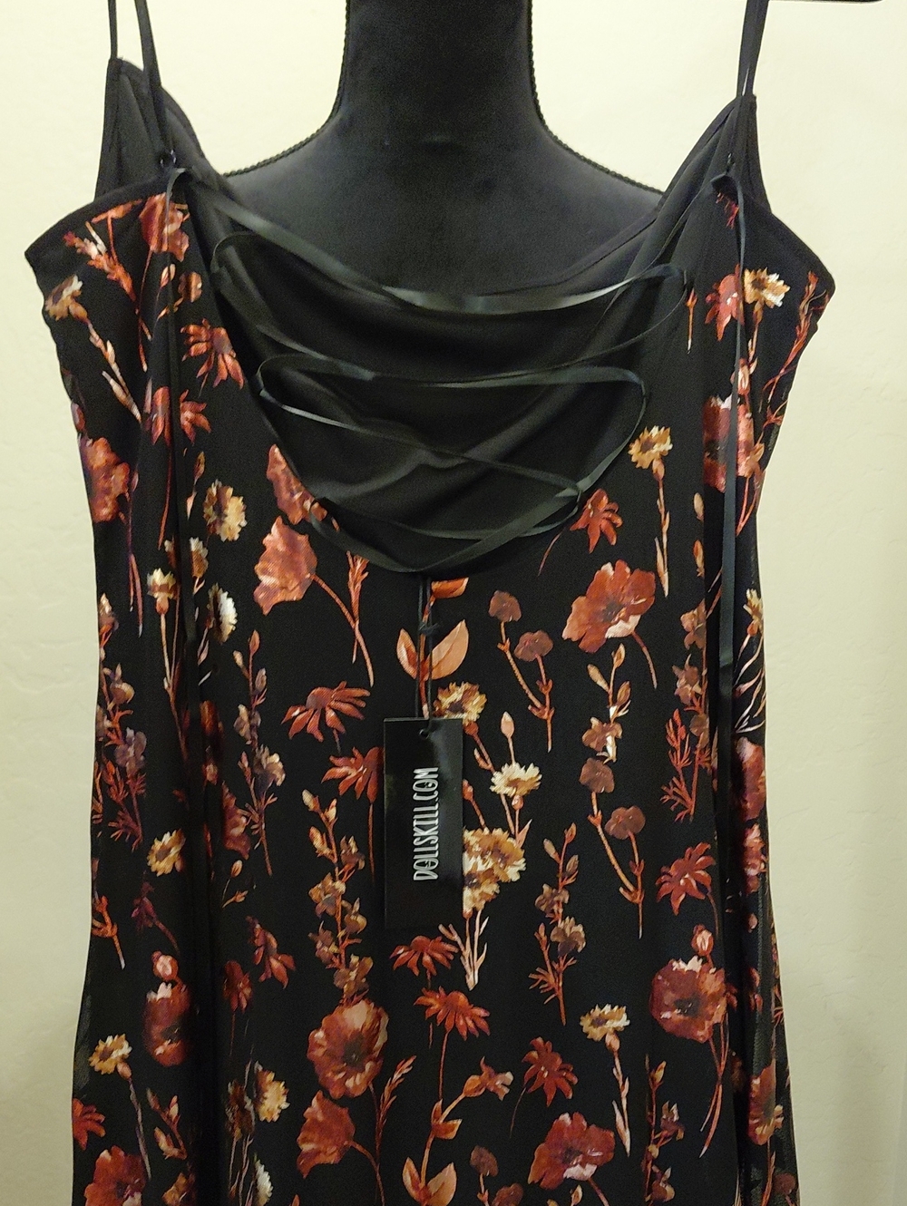 DOLLSKILL CURRENT MOOD MAXI XXL Black Slip Dress with Burnt Orange Floral Print - Picture 6 of 16